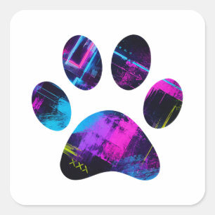 Retro Neon Hondenpoot Vierkante Sticker