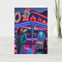 Retro Neon Kerst Diner | Verticale Feestdagen Kaart