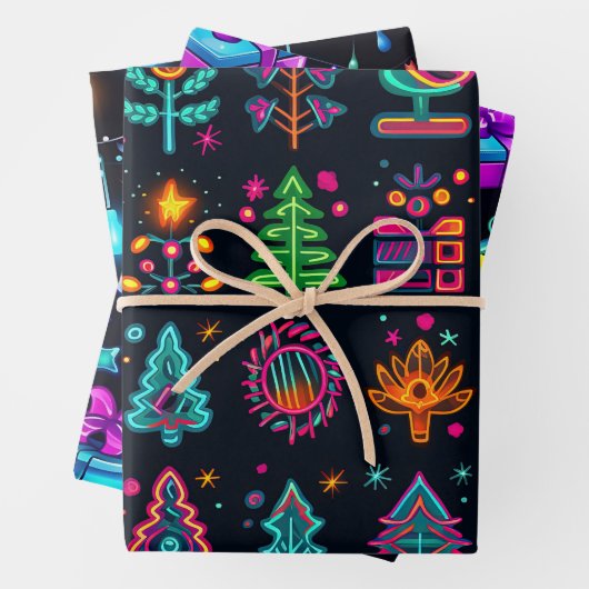 Retro Neon Kerstmis Inpakpapier Vel (In situ)
