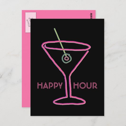 Retro Neon Martini Happy Hour Briefkaart (Voorkant / Achterkant)