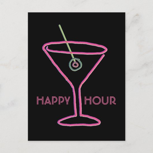 Retro Neon Martini Happy Hour Briefkaart (Voorkant)