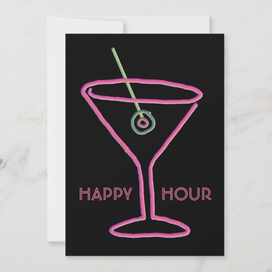 Retro Neon Martini Happy Hour Party Uitnodiging (Voorkant)