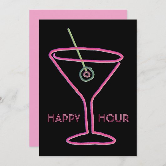 Retro Neon Martini Happy Hour Party Uitnodiging (Voorkant / Achterkant)