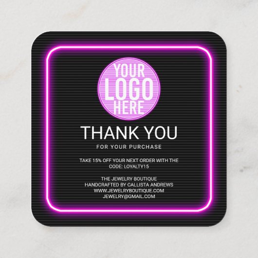 Retro Neon Paars Lighted Sign Klant Dank u Vierkante Visitekaartje (Achterkant)