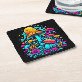 Retro Neon Paddenstoelen en Bloemen Ai Art Kartonnen Onderzetters (Schuin)