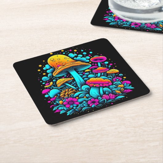 Retro Neon Paddenstoelen en Bloemen Ai Art Kartonnen Onderzetters (Schuin)