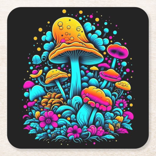 Retro Neon Paddenstoelen en Bloemen Ai Art Kartonnen Onderzetters (Voorkant)