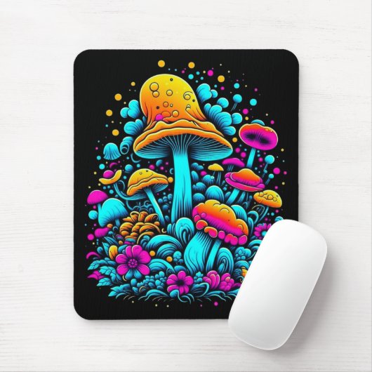 Retro Neon Paddenstoelen en Bloemen Ai Art Muismat (Met muis)