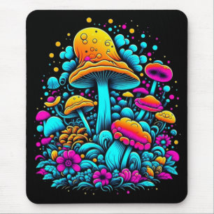 Retro Neon Paddenstoelen en Bloemen Ai Art Muismat