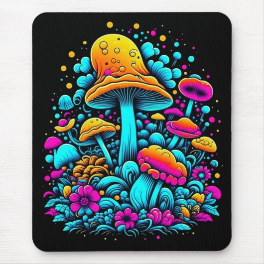 Retro Neon Paddenstoelen en Bloemen Ai Art Muismat (Voorkant)