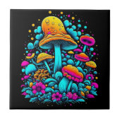 Retro Neon Paddenstoelen en Bloemen Ai Art Tegeltje (Voorkant)
