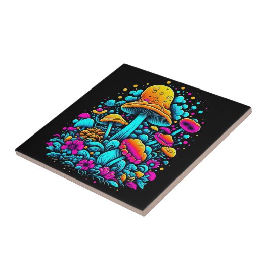 Retro Neon Paddenstoelen en Bloemen Ai Art Tegeltje (Zijkant)