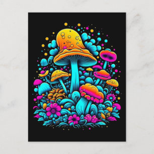 Retro Neon Paddenstoelen en Bloemen Briefkaart