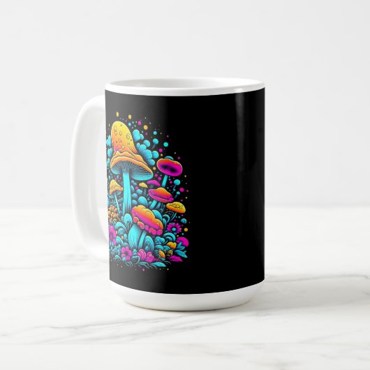 Retro Neon Paddenstoelen en Bloemen Koffiemok (Voorkant links)