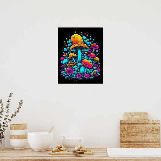 Retro Neon Paddenstoelen en Bloemen Poster (Keuken)