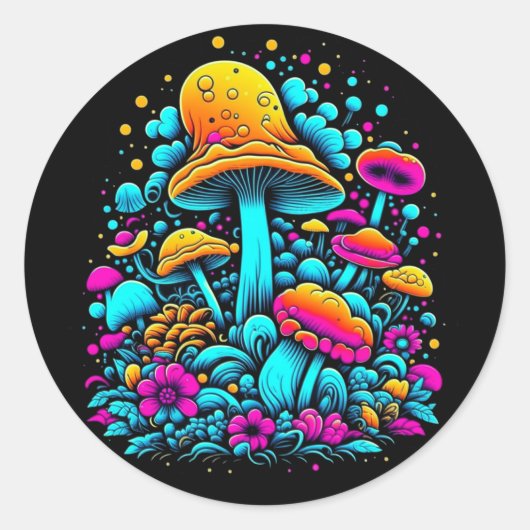 Retro Neon Paddenstoelen en Bloemen Ronde Sticker (Voorkant)