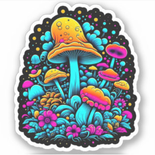 Retro Neon Paddenstoelen en Bloemen Sticker