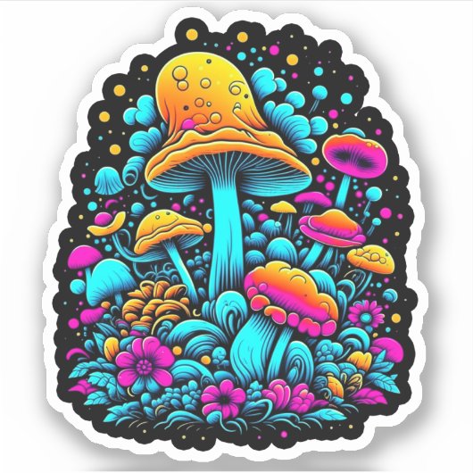 Retro Neon Paddenstoelen en Bloemen Sticker (Voorkant)