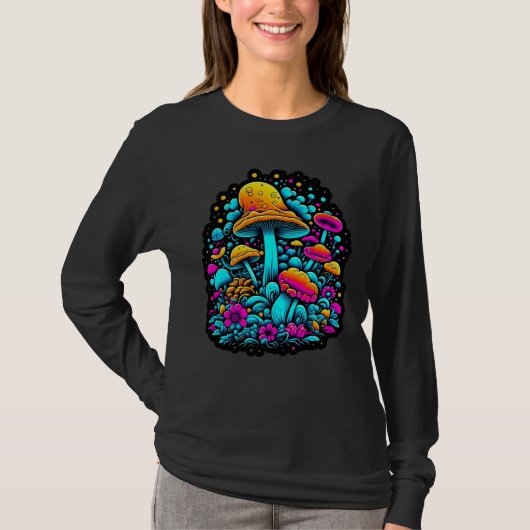 Retro Neon Paddenstoelen en Bloemen T-shirt (Voorkant)
