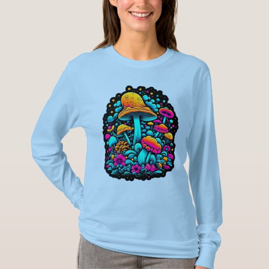 Retro Neon Paddenstoelen en Bloemen T-shirt (Voorkant)