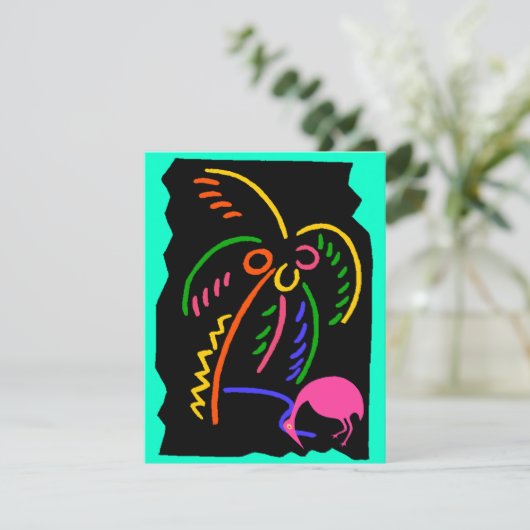 RETRO NEON PALM & FLAMINGO TIKI ARTIJ INVITATIES KAART (Staand voorkant)