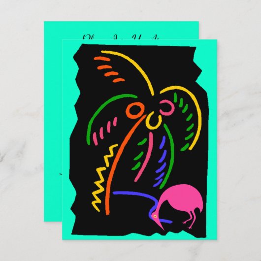 RETRO NEON PALM & FLAMINGO TIKI ARTIJ INVITATIES KAART (Voorkant / Achterkant)