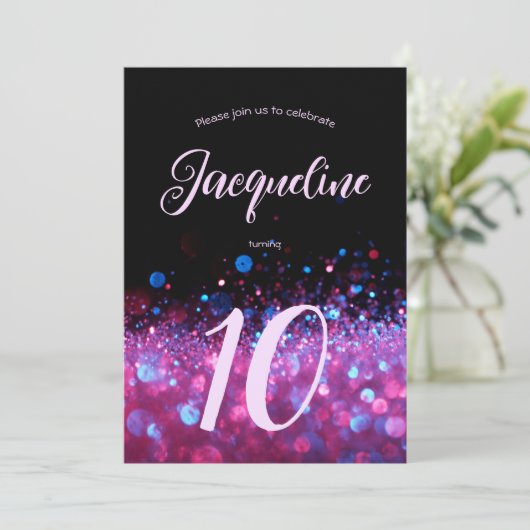 Retro Neon Pink Glitter Glow Script 10de verjaarda Kaart (Staand voorkant)