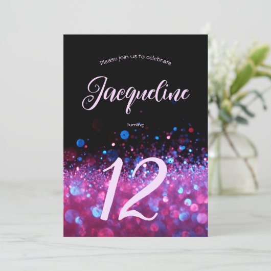 Retro Neon Pink Glitter Glow Script 12-jarig Kaart (Staand voorkant)