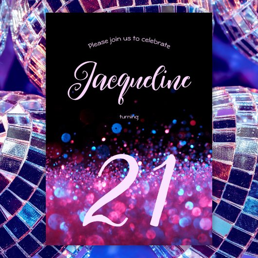 Retro Neon Pink Glitter Glow Script 21st verjaarda Kaart