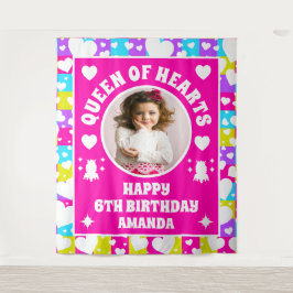Retro Neon Queen of Hearts Verjaardag Foto Banner Wandkleed