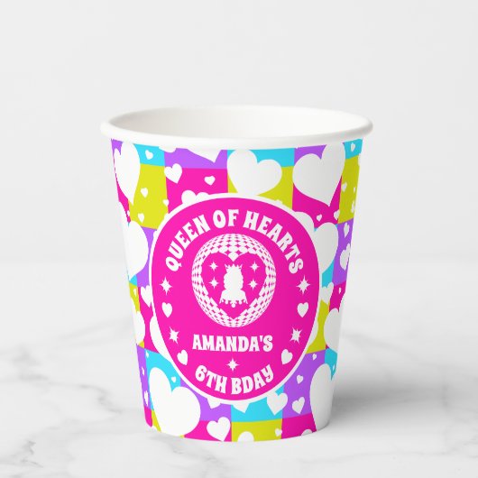 Retro Neon Queen of Hearts Verjaardag Papieren Bekers (Voorkant)