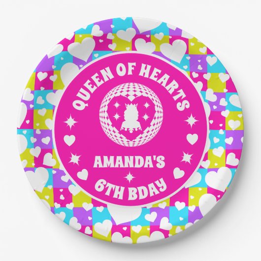 Retro Neon Queen of Hearts Verjaardag Papieren Bordje (Voorkant)