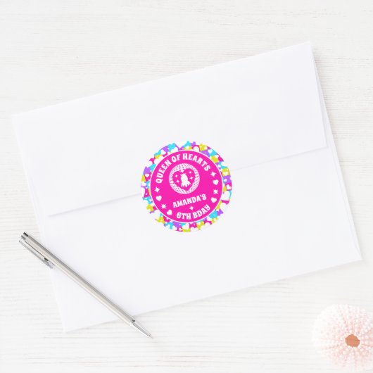 Retro Neon Queen of Hearts Verjaardag Ronde Sticker (Envelop)