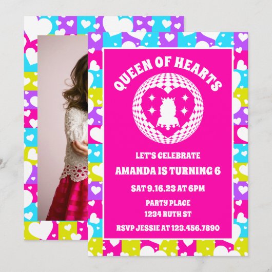 Retro Neon Queen of Hearts Verjaardagsfeest Foto Kaart (Voorkant / Achterkant)