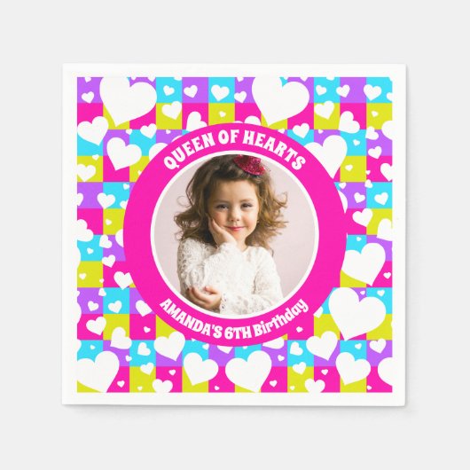 Retro Neon Queen of Hearts Verjaardagsfeest Foto Servet (Voorkant)