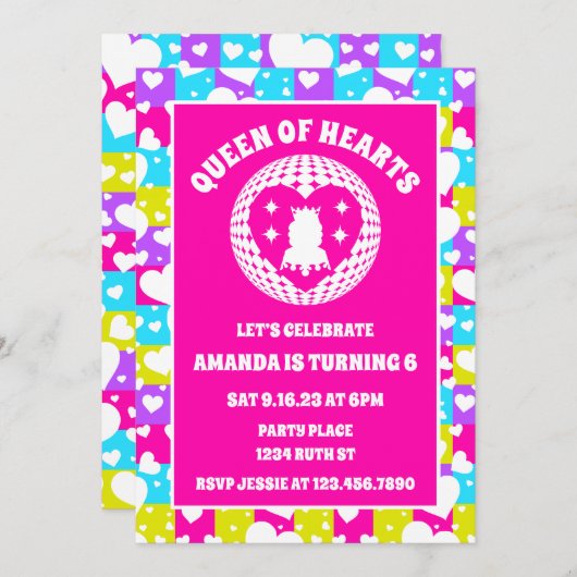 Retro Neon Queen of Hearts verjaardagsfeestje Kaart (Voorkant / Achterkant)