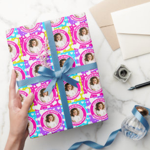 Retro Neon Queen of Hearts Verjaardagsfoto Cadeaupapier
