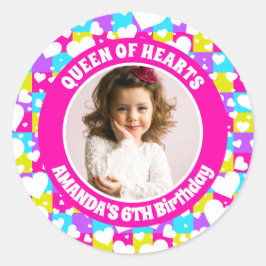 Retro neon Queen of Hearts Verjaardagsfoto Ronde Sticker