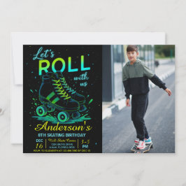Retro Neon Roller Skate Birthday Photo Kaart