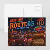 Retro Neon Route 66 kerstgroeten Briefkaart (Voorkant / Achterkant)