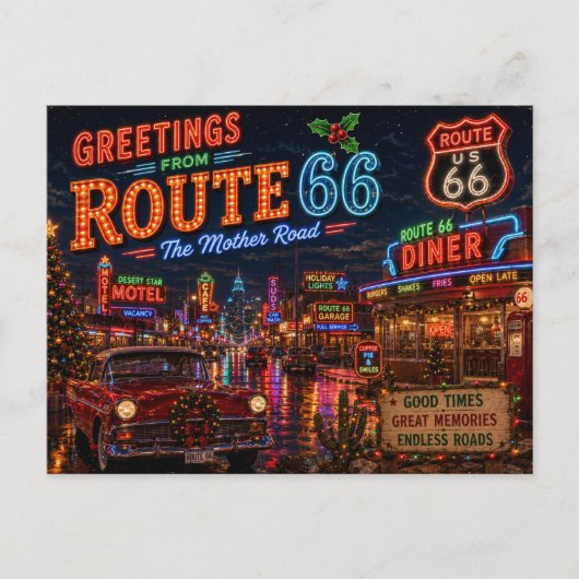 Retro Neon Route 66 kerstgroeten Briefkaart (Voorkant)