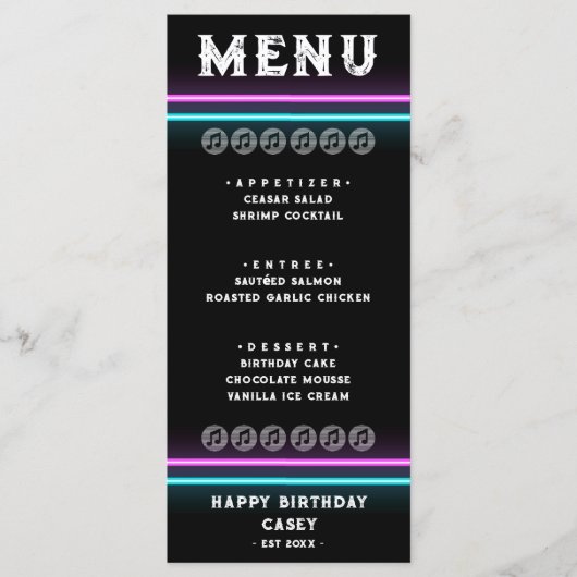 Retro Neon Roze & Blauw Gestreept Verjaardagsdiner Menu (Voorkant)