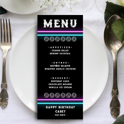 Retro Neon Roze & Blauw Gestreept Verjaardagsdiner Menu