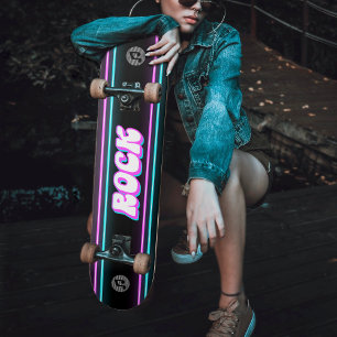 Retro Neon Roze & Blauw Rock Muziek Note Persoonlijk Skateboard