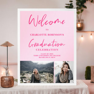 Retro neon roze fotoscript welkom afstuderen poster