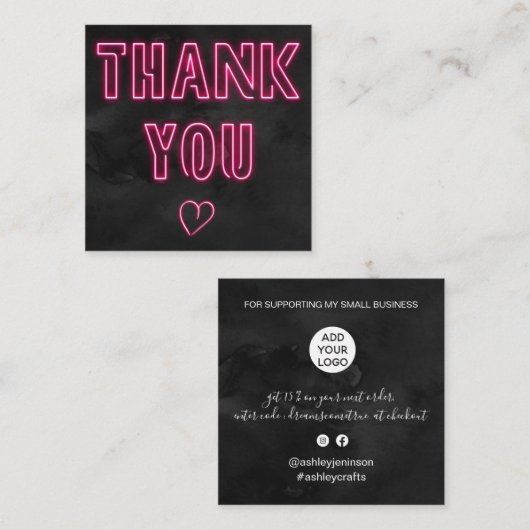 Retro neon roze teken zwarte orde dank u vierkante visitekaartje (Voorkant / Achterkant)