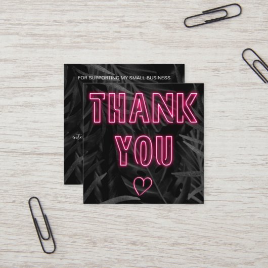 Retro neon roze tekenvolgorde bedankt zwart blad vierkante visitekaartje (Voorkant / Achterkant in situ)