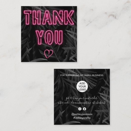 Retro neon roze tekenvolgorde bedankt zwart blad vierkante visitekaartje (Voorkant / Achterkant)