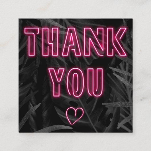 Retro neon roze tekenvolgorde bedankt zwart blad vierkante visitekaartje (Voorkant)