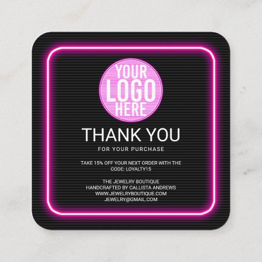 Retro Neon Roze verlicht Teken Klant Dank u Vierkante Visitekaartje (Achterkant)